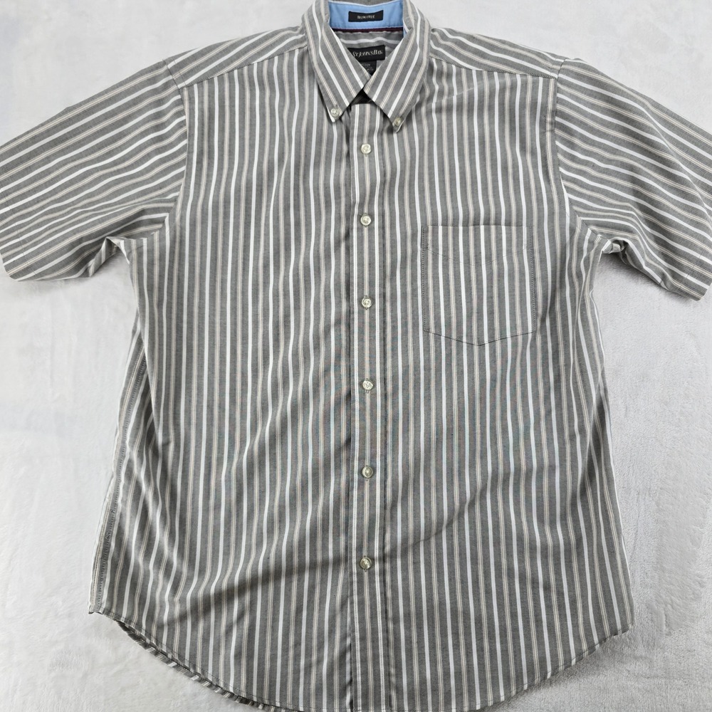 St. John's Bay Button Down Mens Medium Shirt Gray Striped Iron Free Short Sleeve